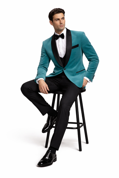 Teal Velvet Tuxedo for Men  One Button Black Satin Lapel Formal Suit with Bow Tie