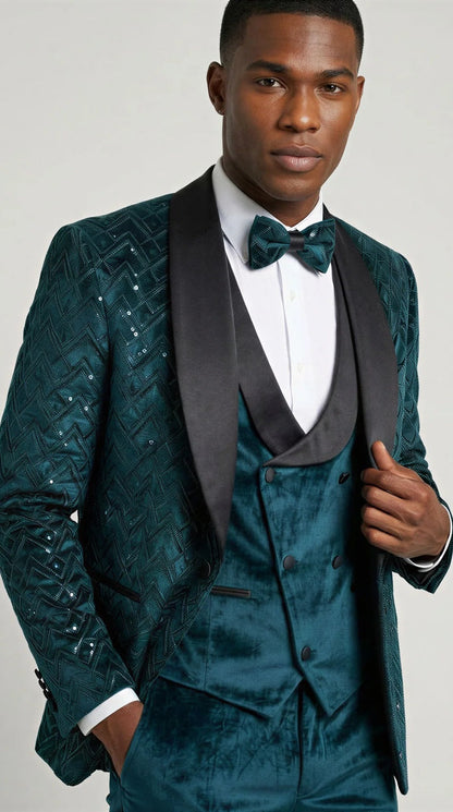 Men's Teal Green Velvet Patterned Shawl Lapel Tuxedo Set for Wedding & Prom