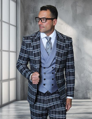 Statement Men's Outlet 3 Piece 100% Wool Suit - Light Plaid