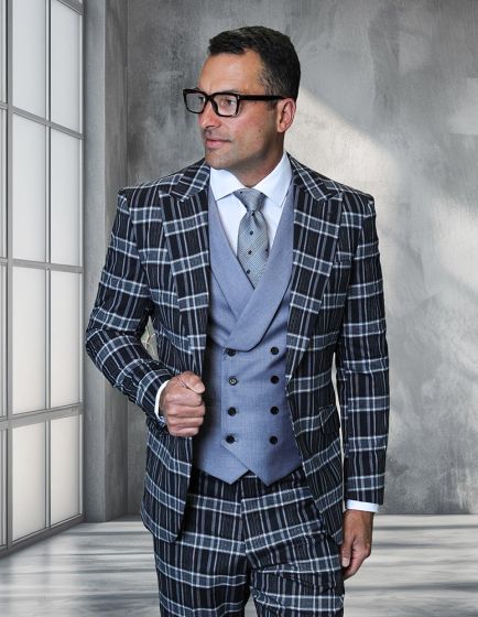 Statement Men's Outlet 3 Piece 100% Wool Suit - Light Plaid