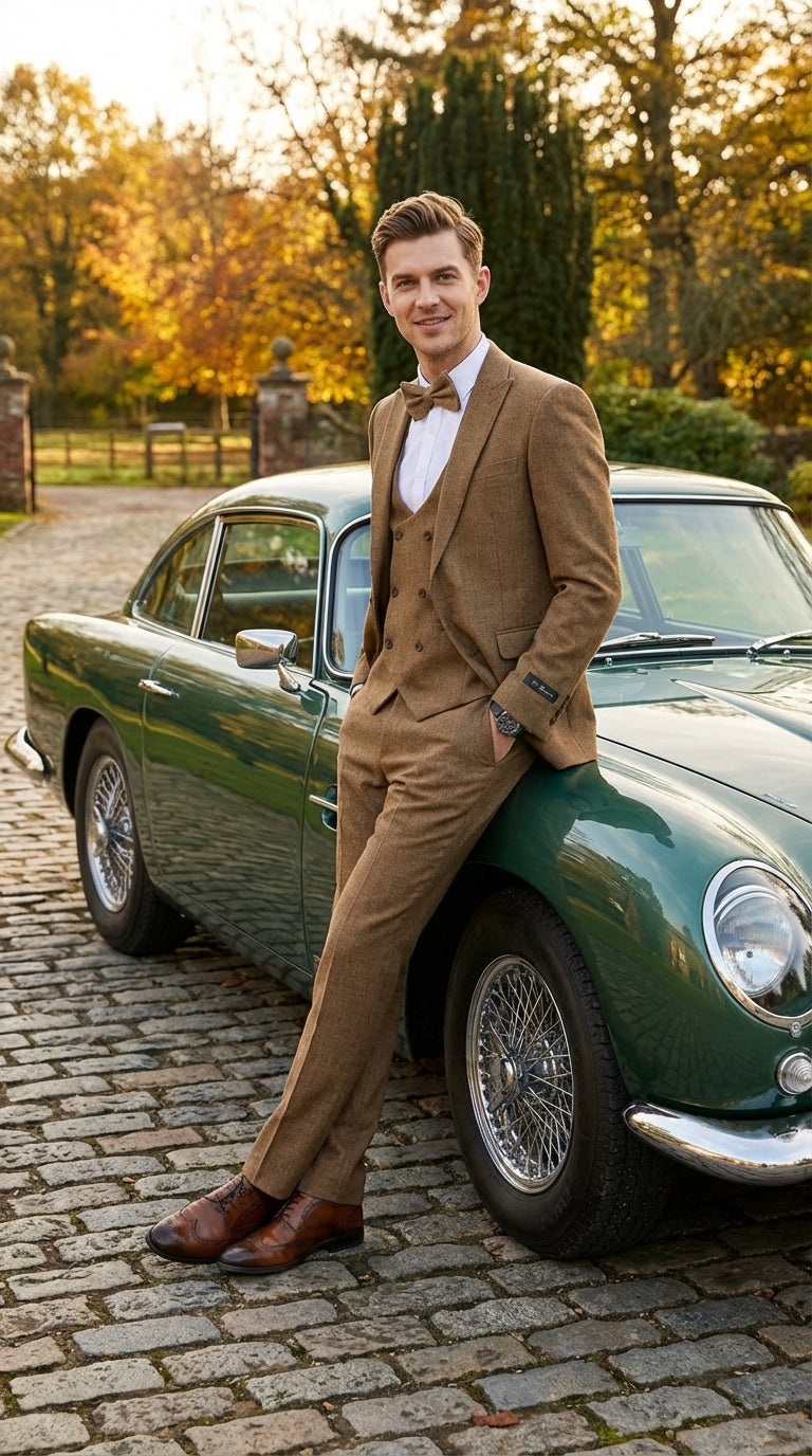 Mens Mocca Brown Taupe textured 1920s Great Gatsby Inspired Suit – Vintage Three Piece Retro Formal Suit Peak Lapel