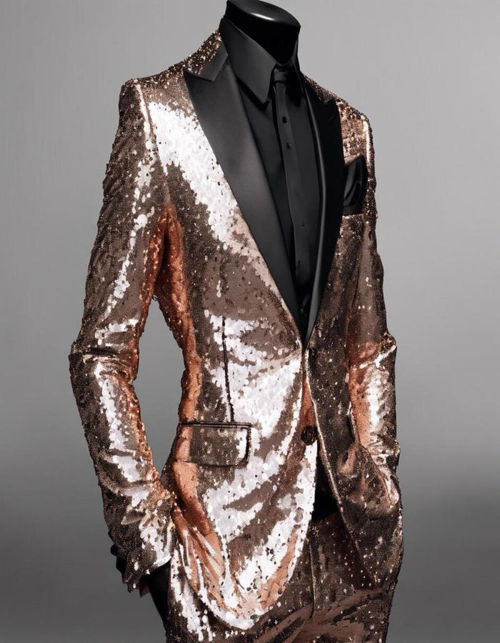 Luxury Rose Gold Sequin Tuxedo Suit for Men  Black Satin Lapel, Perfect for Events & Parties