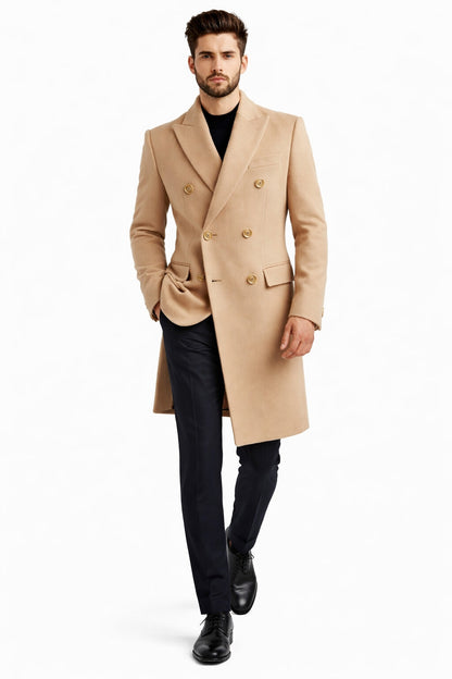Men's Wool And Cashmere Double Breasted Long Overcoat Beige ~ Camel Three Quarter Winter Men's Topcoat Sale