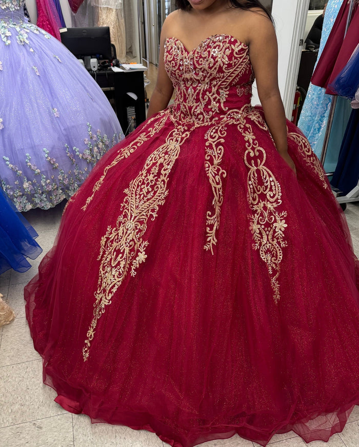 Burgundy And Gold Quinceanera Dress | Ball Gown by LK230