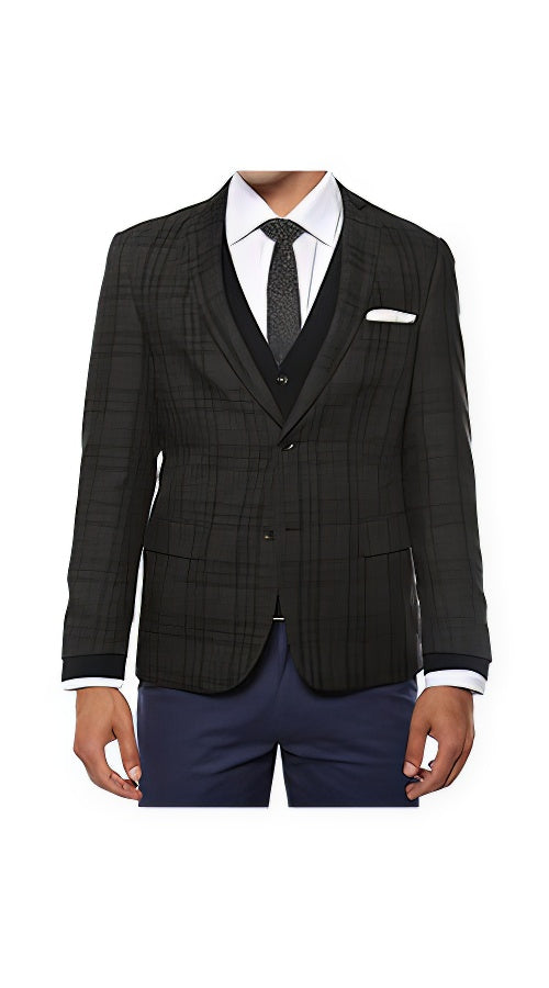 Designer Brand Men'S Plaid Slim Fit Charcoal Vested Blazer Dinner Jacket