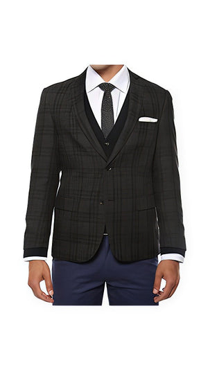 Designer Brand Men'S Plaid Slim Fit Charcoal Vested Blazer Dinner Jacket