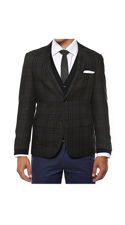 Designer Brand Men'S Plaid Slim Fit Charcoal Vested Blazer Dinner Jacket