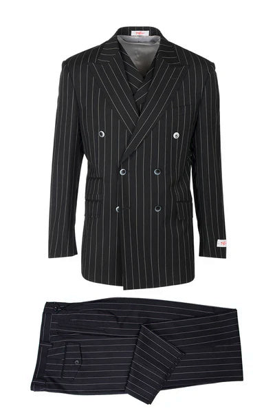 Tiglio Rosso Brand - Classic Suit Fit Pleated Pants Athletic Cut Real Wool Fabric Suit Peak Lapel Semi Wide leg Slack in Color Black