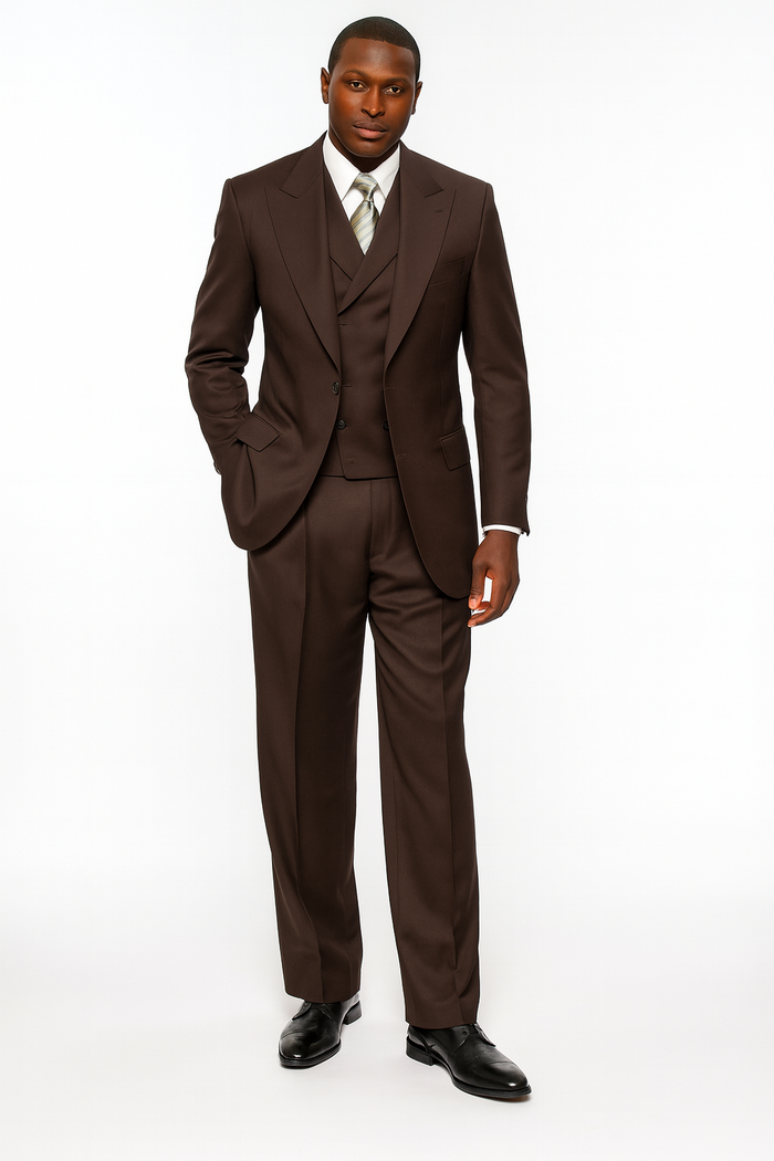 Tiglio Rosso Mens Choclate Brown 3 Piece Suit Double Breasted Vest with Classic 100% Wool Super 150's Fabric - Pleated Pants