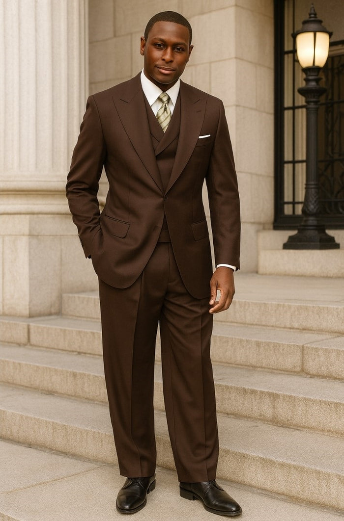 Tiglio Rosso Mens Choclate Brown 3 Piece Suit Double Breasted Vest with Classic 100% Wool Super 150's Fabric - Pleated Pants