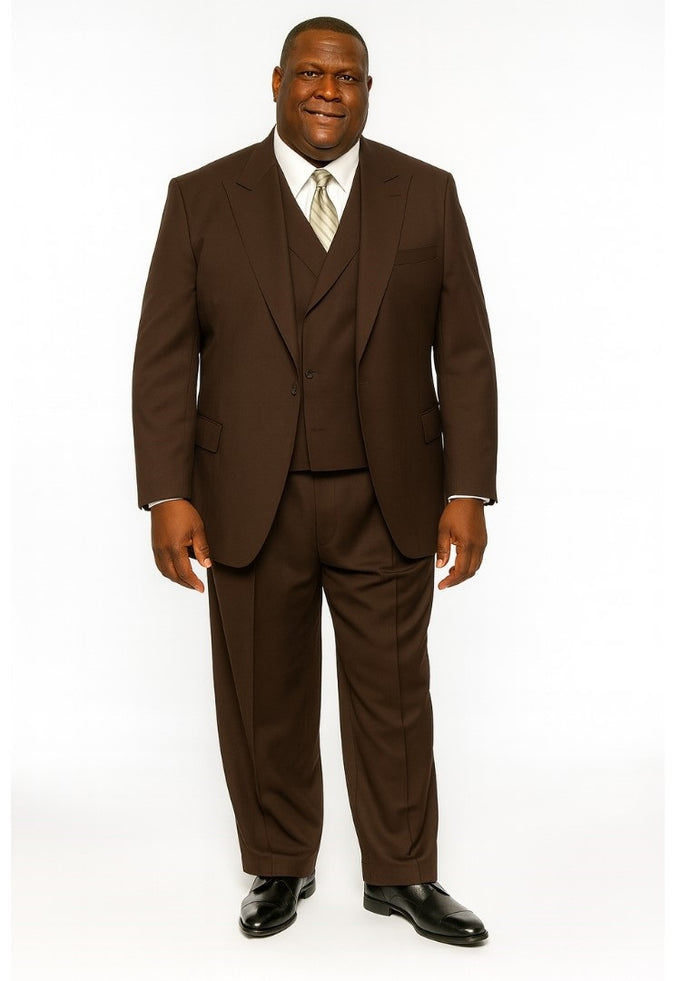 Tiglio Rosso Mens Choclate Brown 3 Piece Suit Double Breasted Vest with Classic 100% Wool Super 150's Fabric - Pleated Pants