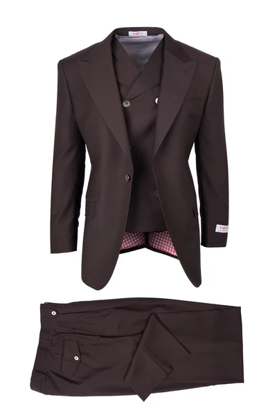 Tiglio Rosso Mens Choclate Brown 3 Piece Suit Double Breasted Vest with Classic 100% Wool Super 150's Fabric - Pleated Pants