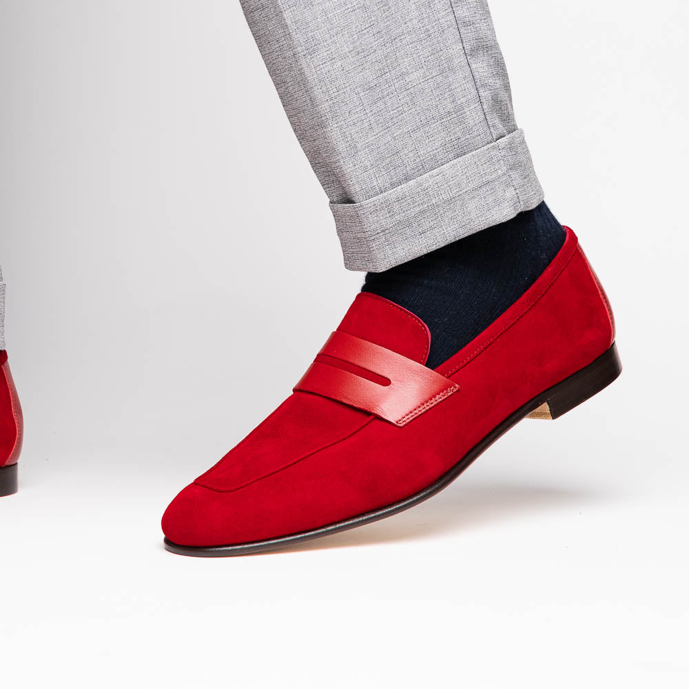 Zelli Tippa Suede and Calfskin Slip-On Penny Loafers in Red