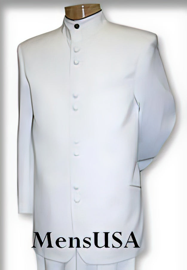 Quality Pure Snow White Mandarin Collar Tuxedo Suits For Men Light Weight Soft Fabric - All White Suit