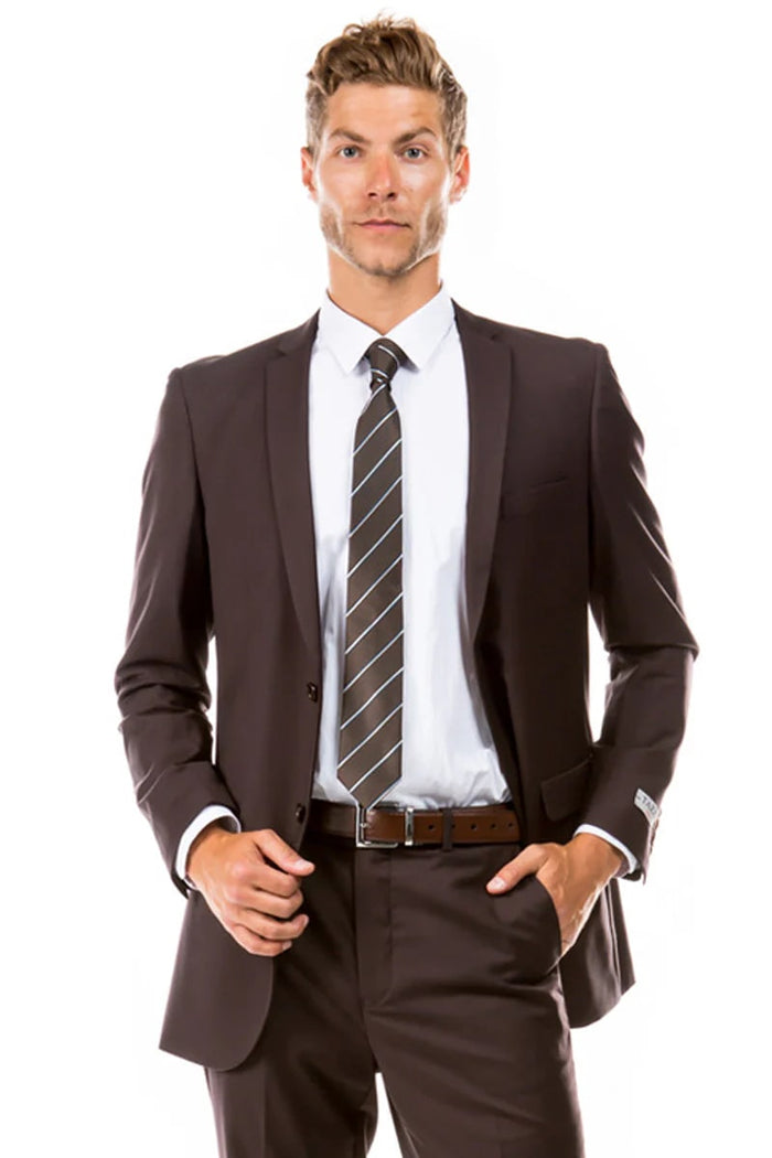 Mens Slim Fit 2-Button Brown Suit  Modern Wedding and Formalwear Essential