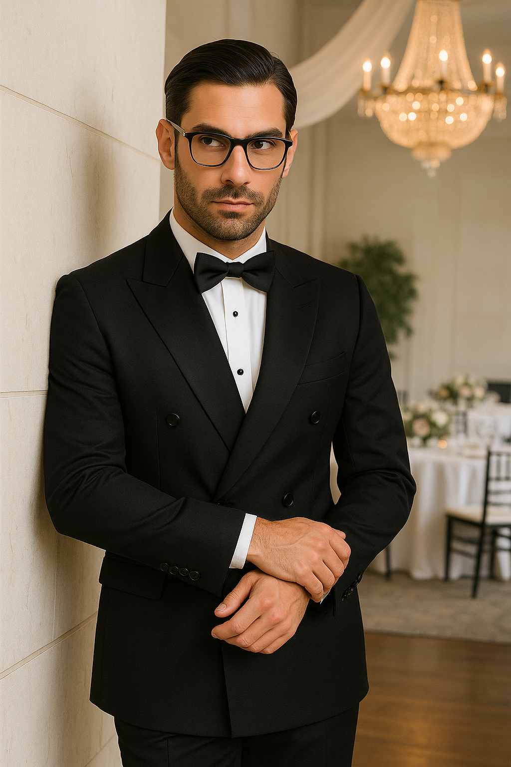 Mens Classic 6 on 2 Double Breasted Wool Tuxedo in Black