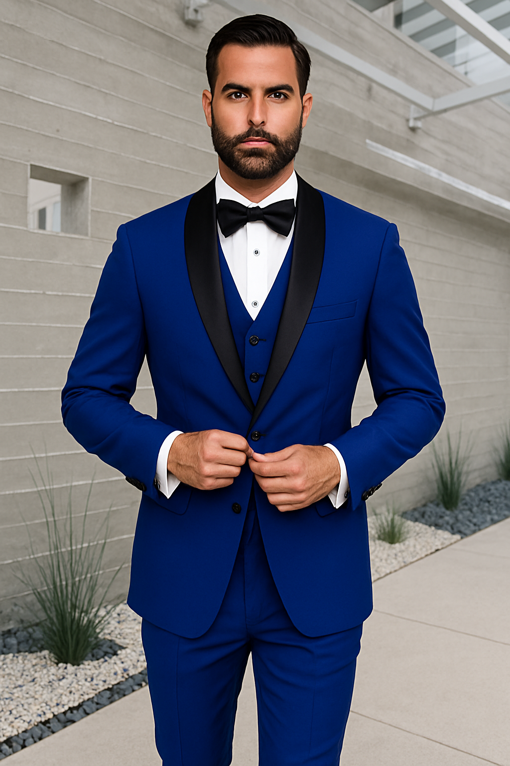 Mens 1 Button Shawl Lapel Vested Wool Wedding - Prom Tuxedo in Sapphire Blue - Mens Slim Fitted Tuxedo