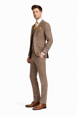 Tweed Herringbone Brown ~ Coffee  Herringbone 2 Button Slim Fitted Tapered Vested Suit Ves
