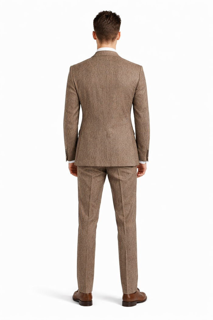 Tweed Herringbone Brown ~ Coffee  Herringbone 2 Button Slim Fitted Tapered Vested Suit Ves