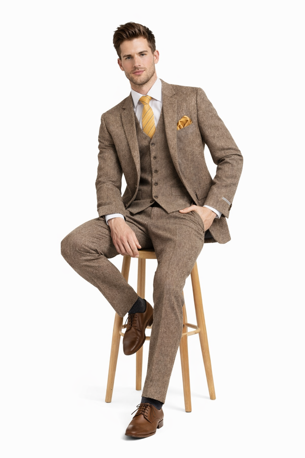 Tweed Herringbone Brown ~ Coffee  Herringbone 2 Button Slim Fitted Tapered Vested Suit Ves