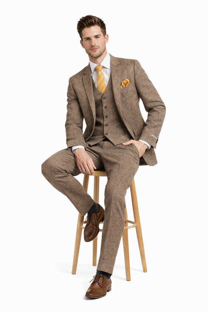 Tweed Herringbone Brown ~ Coffee  Herringbone 2 Button Slim Fitted Tapered Vested Suit Ves
