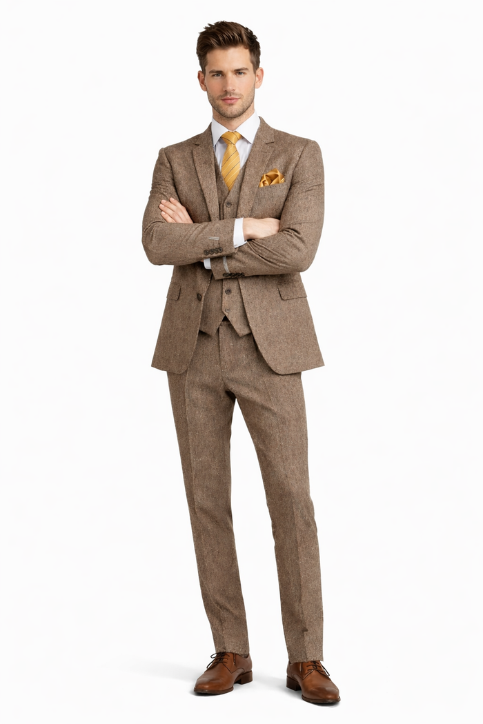 Tweed Herringbone Brown ~ Coffee  Herringbone 2 Button Slim Fitted Tapered Vested Suit Ves