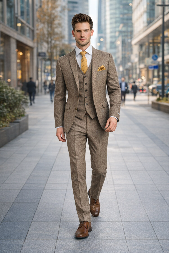 Tweed Herringbone Brown ~ Coffee  Herringbone 2 Button Slim Fitted Tapered Vested Suit Ves