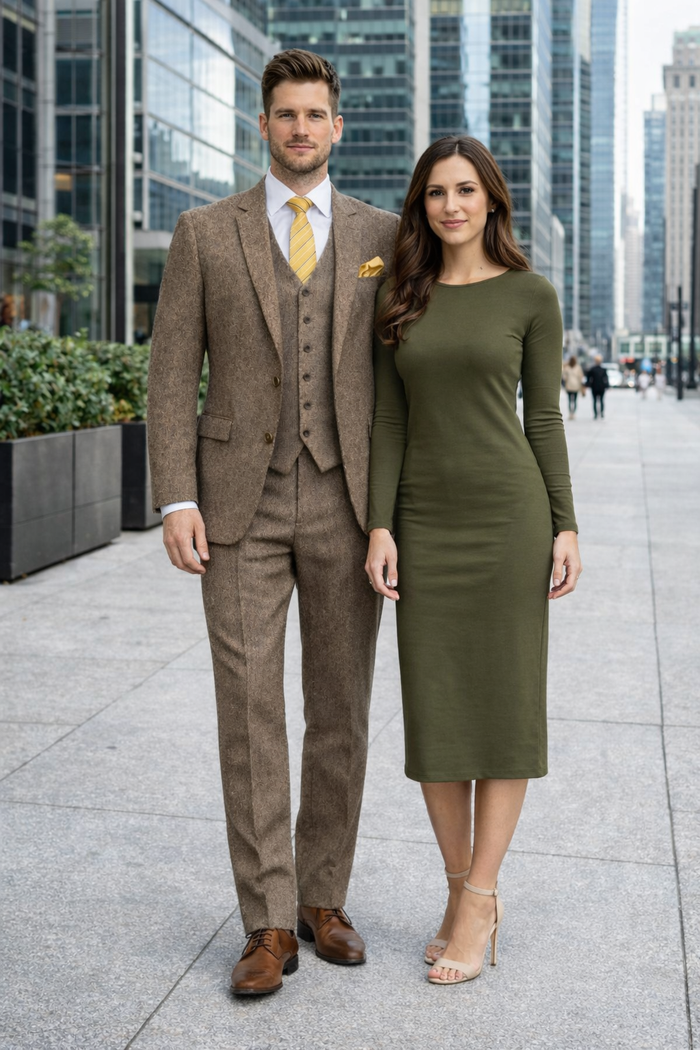 Tweed Herringbone Brown ~ Coffee  Herringbone 2 Button Slim Fitted Tapered Vested Suit Ves