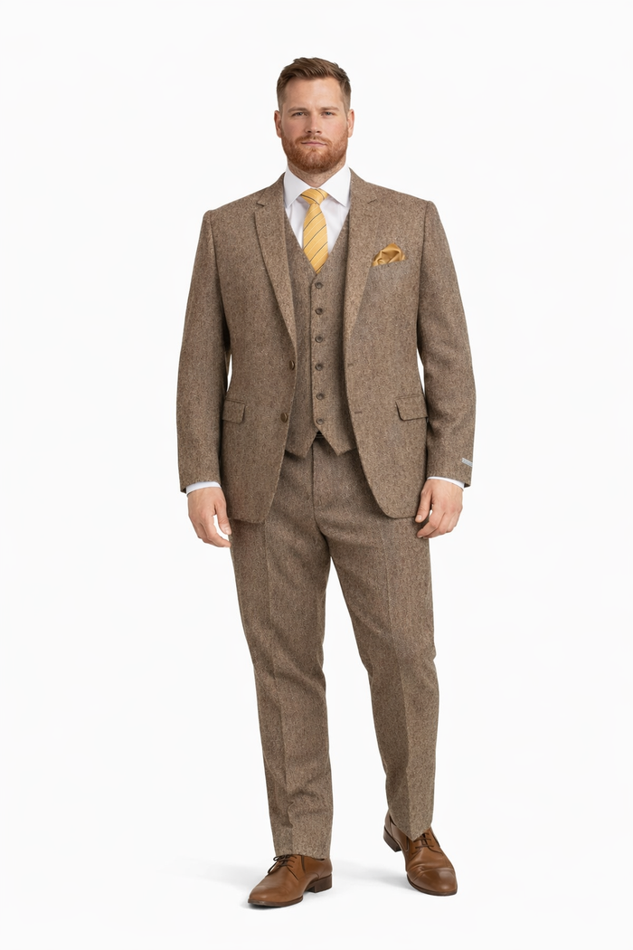 Tweed Herringbone Brown ~ Coffee  Herringbone 2 Button Slim Fitted Tapered Vested Suit Ves