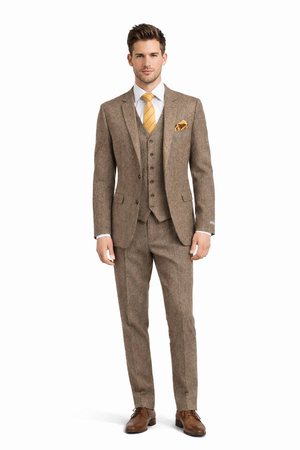 Tweed Herringbone Brown ~ Coffee  Herringbone 2 Button Slim Fitted Tapered Vested Suit Ves
