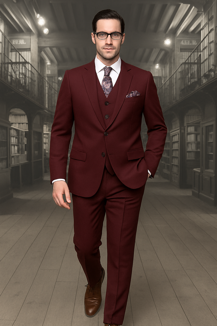 Mens Classic Fit Pleated Pant 2 Button Wool Suit in Burgundy