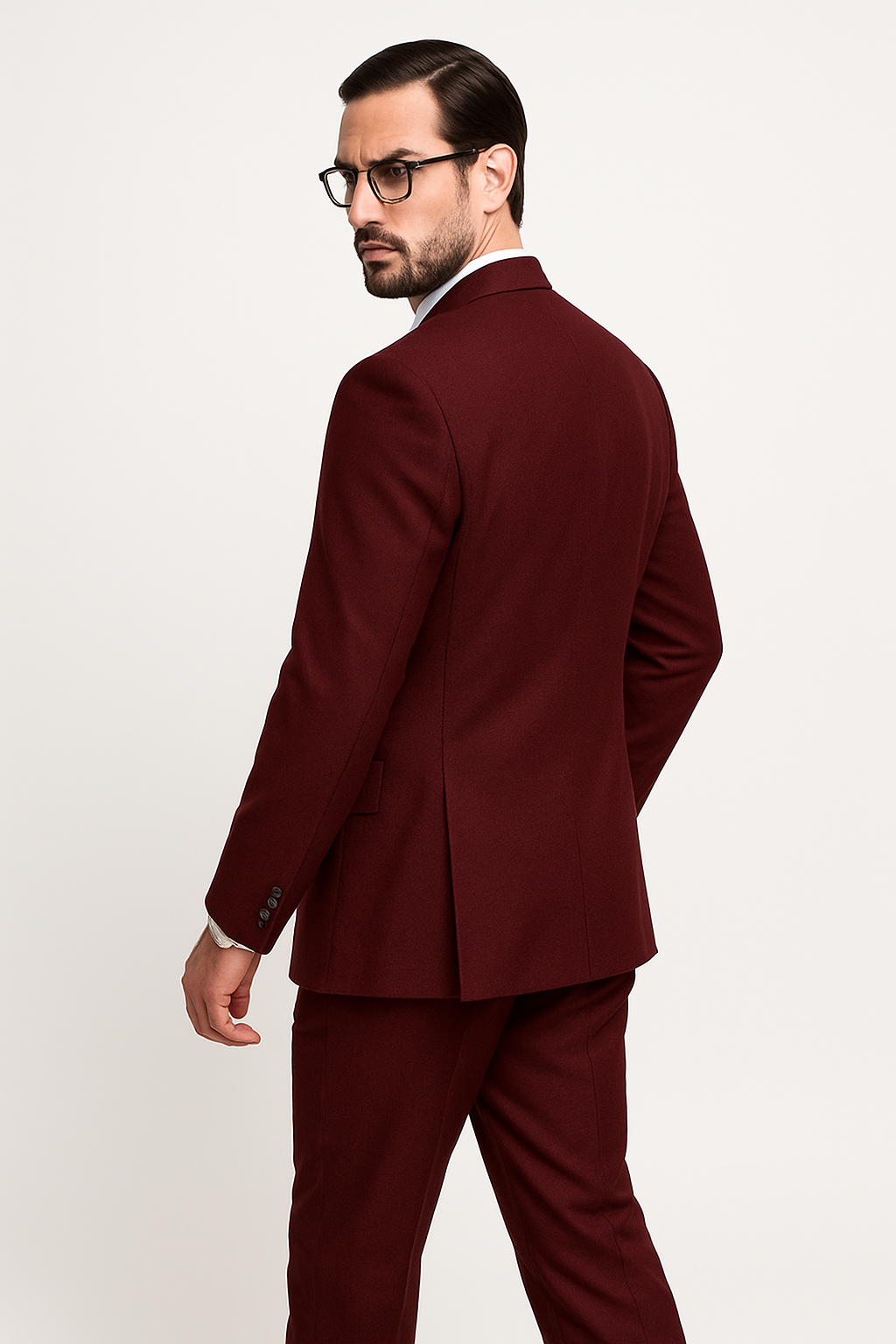 Mens Classic Fit Pleated Pant 2 Button Wool Suit in Burgundy