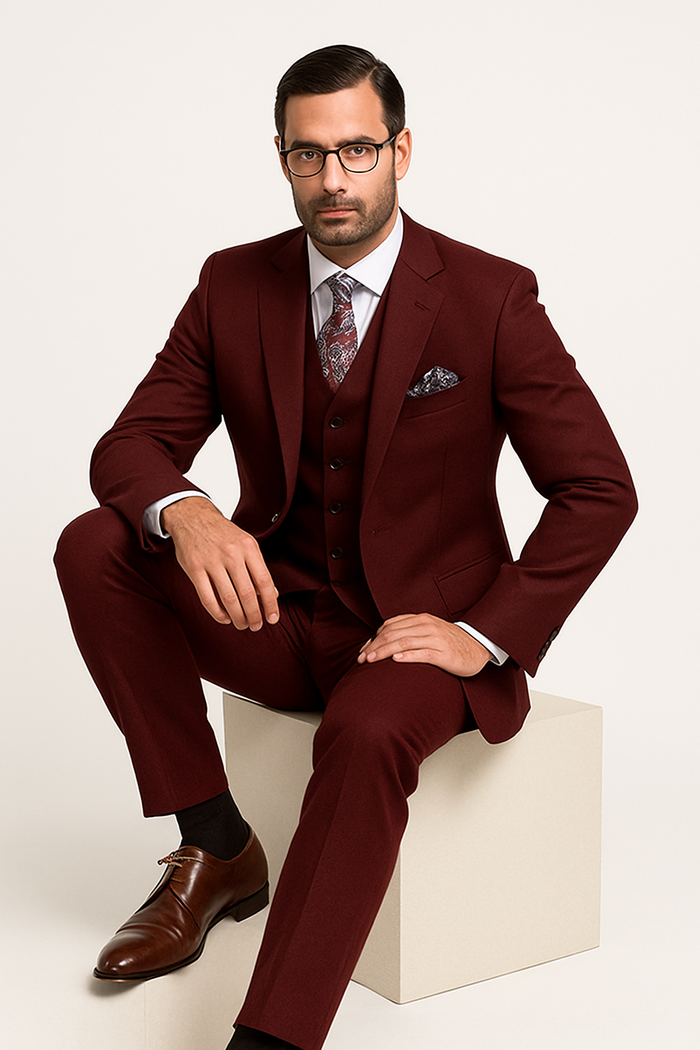 Mens Classic Fit Pleated Pant 2 Button Wool Suit in Burgundy