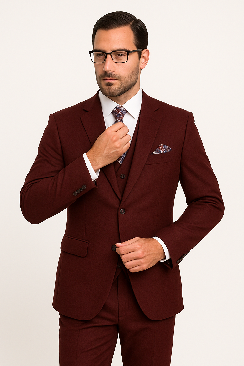 Mens Classic Fit Pleated Pant 2 Button Wool Suit in Burgundy