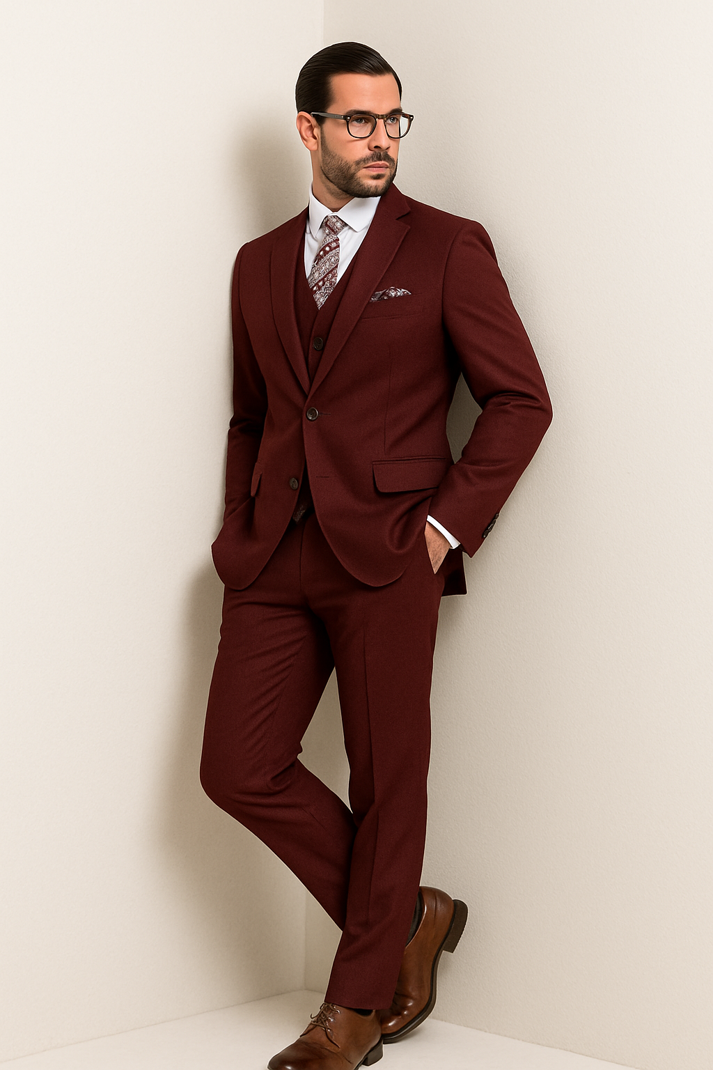 Mens Classic Fit Pleated Pant 2 Button Wool Suit in Burgundy