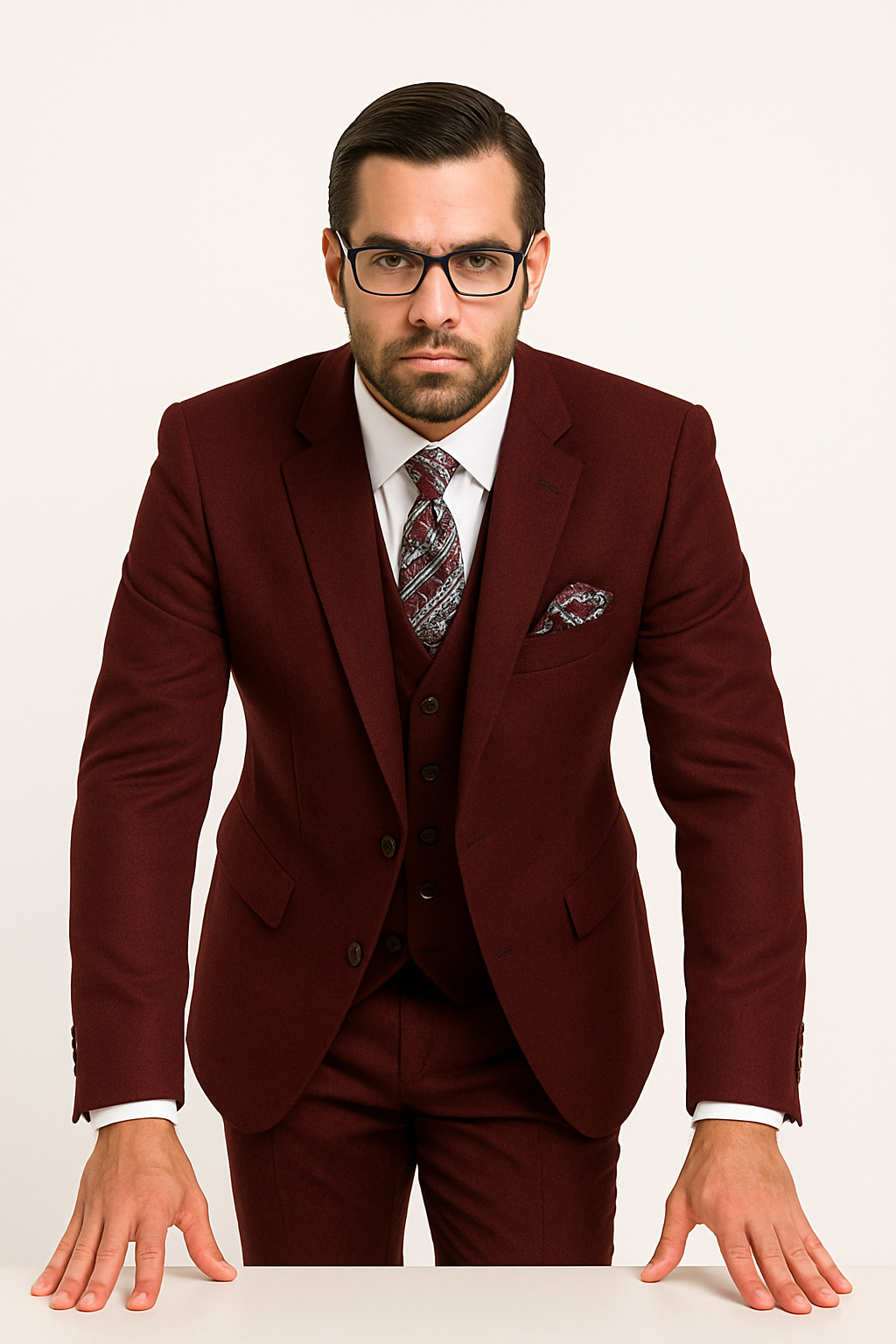 Mens Classic Fit Pleated Pant 2 Button Wool Suit in Burgundy