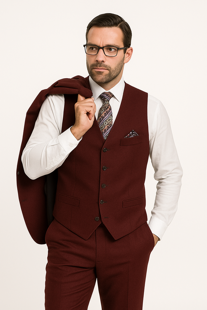 Mens Classic Fit Pleated Pant 2 Button Wool Suit in Burgundy