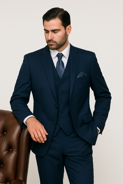 Mens Classic Fit Pleated Pant 2 Button Wool Suit in Indigo Blue