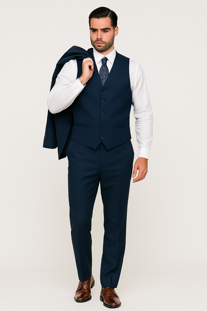 Mens Classic Fit Pleated Pant 2 Button Wool Suit in Indigo Blue
