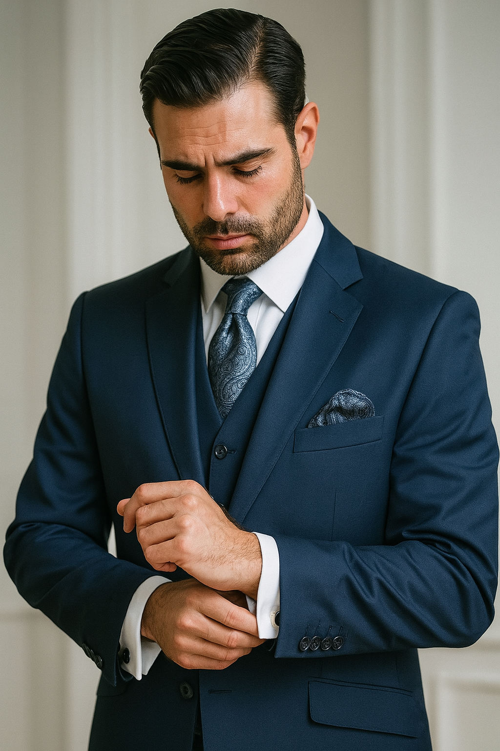 Mens Classic Fit Pleated Pant 2 Button Wool Suit in Indigo Blue