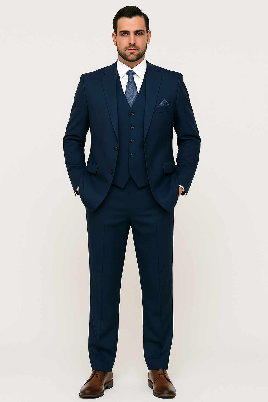 Mens Classic Fit Pleated Pant 2 Button Wool Suit in Indigo Blue