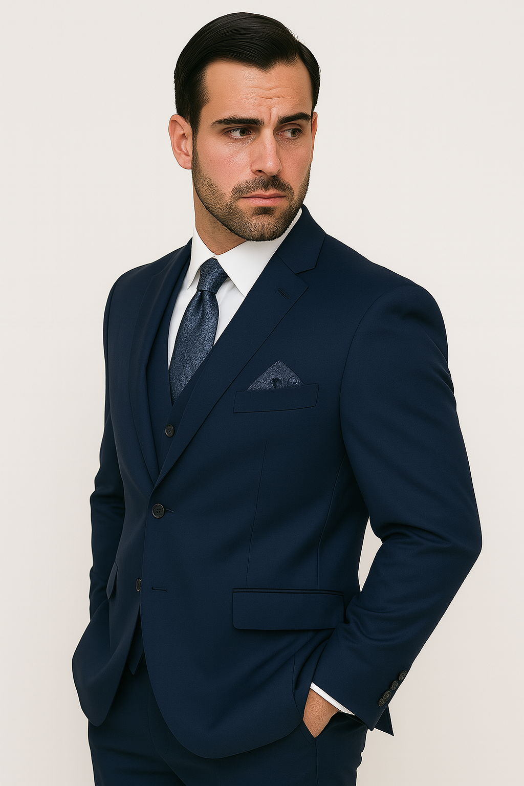 Mens Classic Fit Pleated Pant 2 Button Wool Suit in Indigo Blue