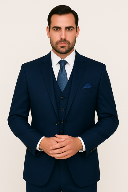 Mens Classic Fit Pleated Pant 2 Button Wool Suit in Indigo Blue