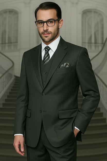 Olive Green Suit - Mens Modern Fit -  No Pleated Pants Pant 2 Button Wool Suit - Business Suit