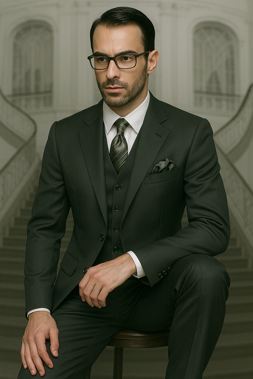 Olive Green Suit - Mens Modern Fit -  No Pleated Pants Pant 2 Button Wool Suit - Business Suit