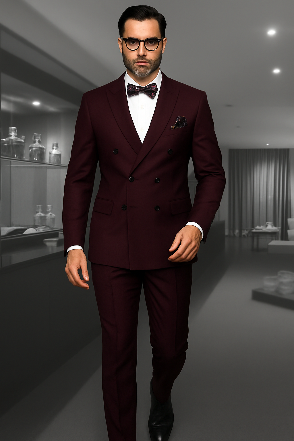 Mens Classic Wool Double Breasted Suit in Burgundy
