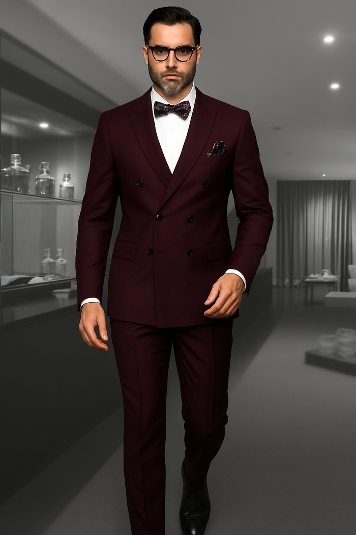 Mens Classic Wool Double Breasted Suit in Burgundy