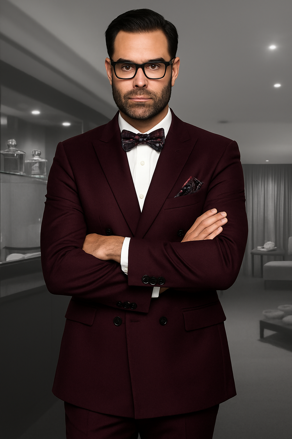 Mens Classic Wool Double Breasted Suit in Burgundy