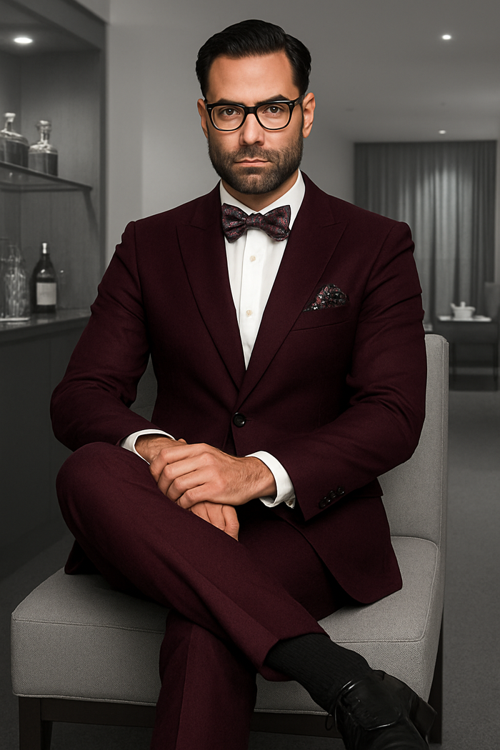 Mens Classic Wool Double Breasted Suit in Burgundy