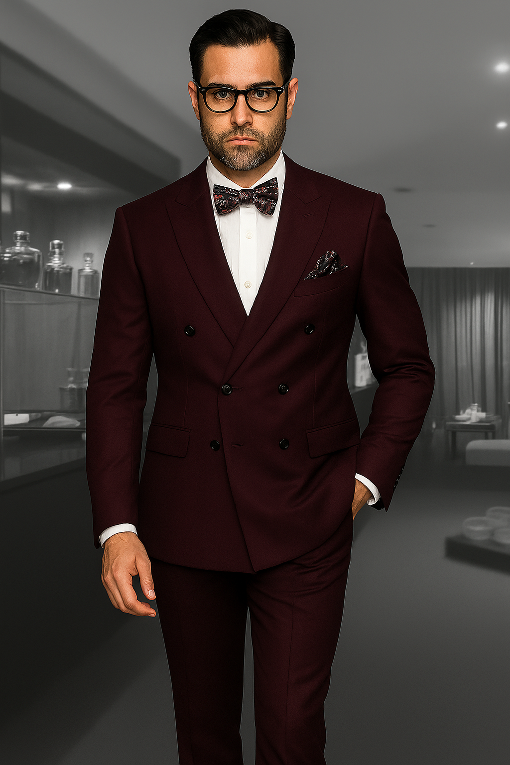 Mens Classic Wool Double Breasted Suit in Burgundy